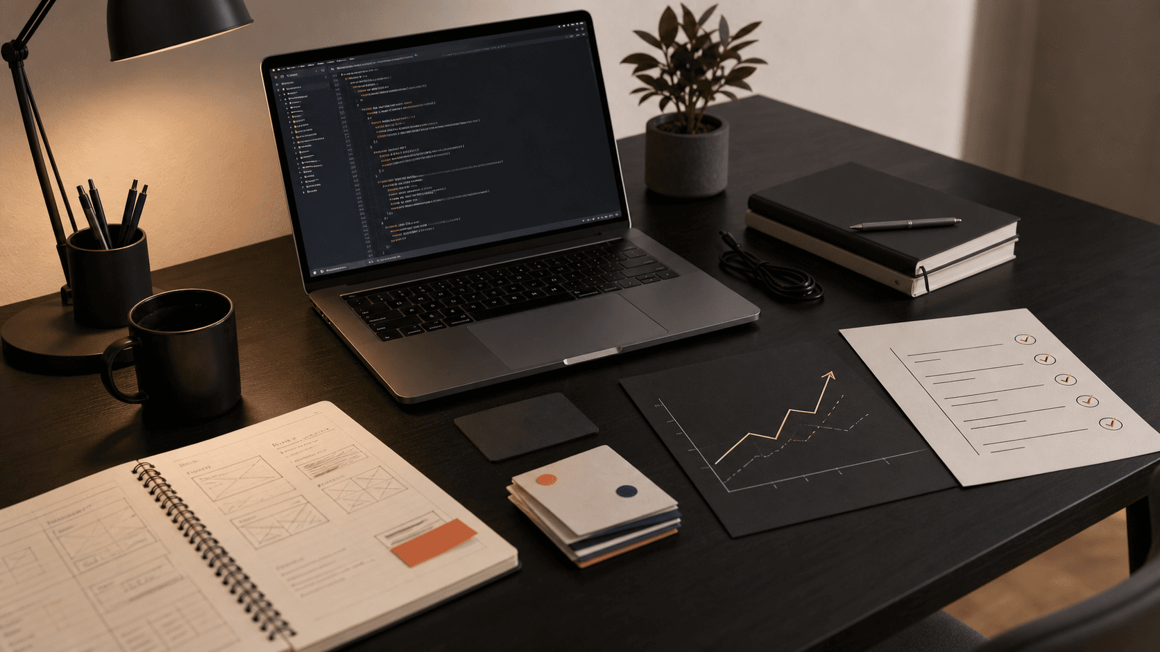 A software engineer's desk with code, planning notes, a growth chart, and a launch checklist